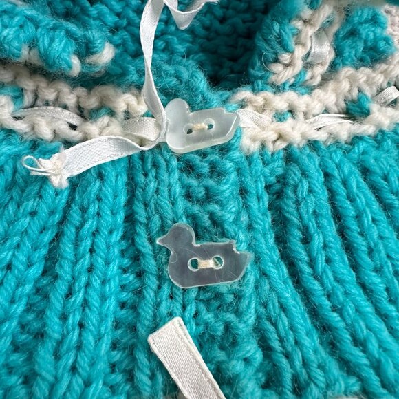 Handmade Vintage Baby Sweater With Hood & Duck Buttons/ Doll Clothes - Picture 2 of 5